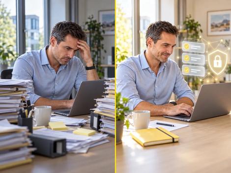 Vorher und nachher: links ein gestresster Mitarbeiter am Schreibtisch zwischen hohen Aktenstapeln, rechts derselbe Mitarbeiter entspannt am Laptop, daneben erledigte Aufgaben mit Häkchen und ein Schloss als Zeichen für geschützte Daten