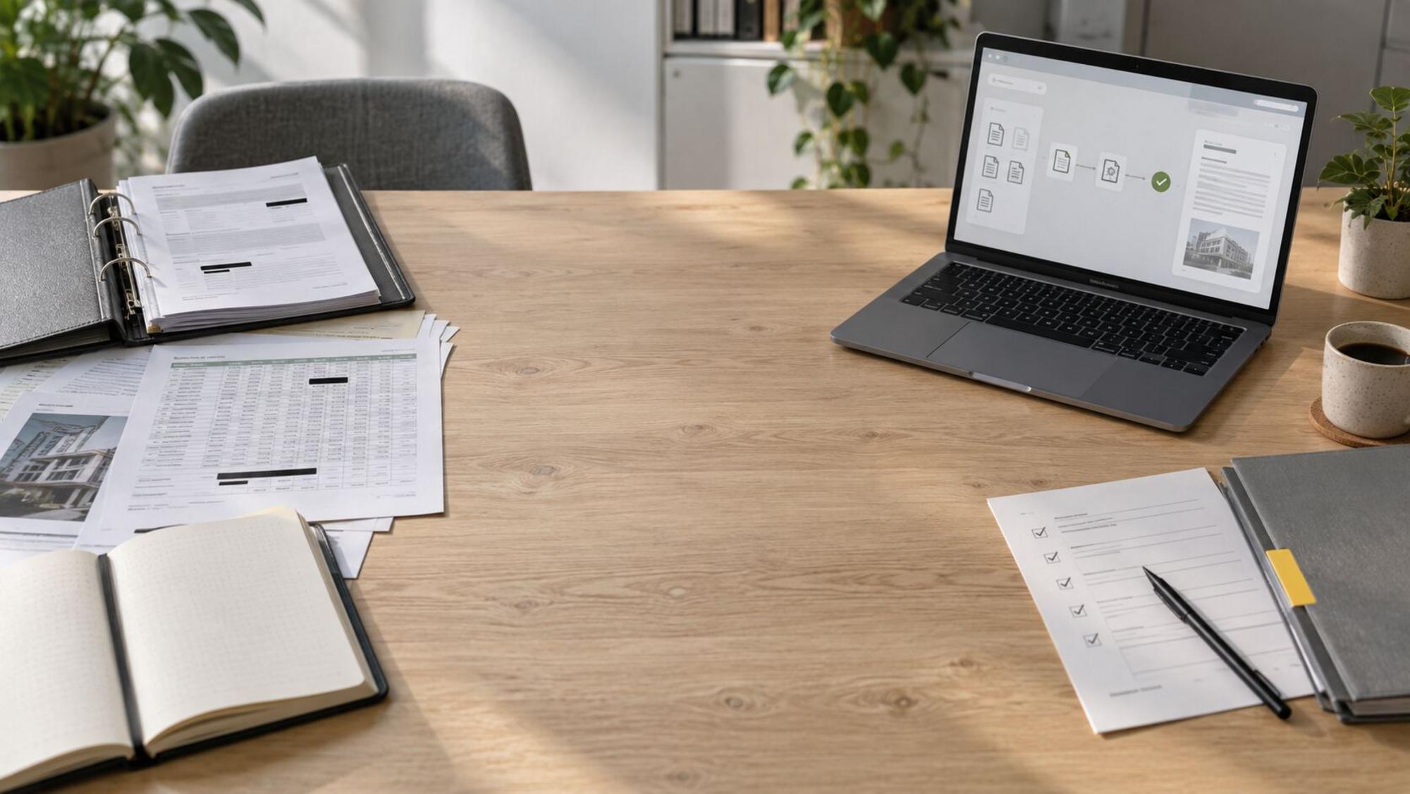 Schreibtisch mit Laptop, Ordner, Unterlagen und Notizbüchern