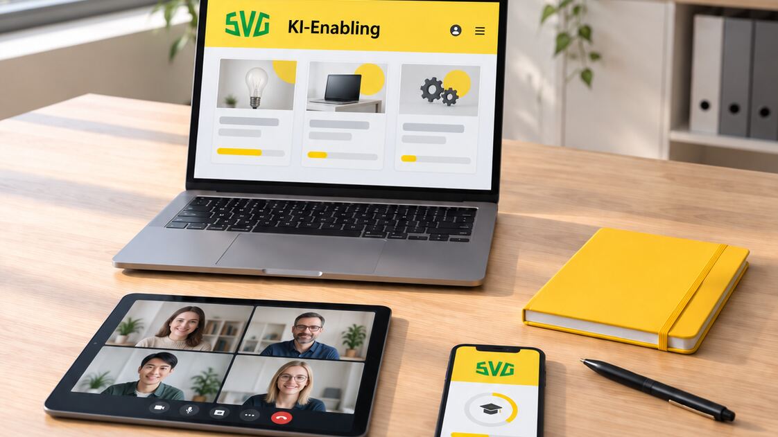 Laptop mit KI-Enabling der SVG-Akademie, daneben ein Tablet mit Videokonferenz, ein Smartphone und ein gelbes Notizbuch
